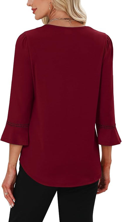WIHOLL Womens Blouses Dressy Casual 3/4 Length Sleeve Tops Lace Trendy 2026 Spring Summer V Neck Shirts Vacation Outfits