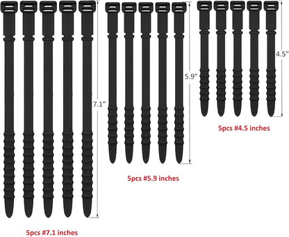 Silicone Zip Ties, Reusable Zip Ties, Rubber Cable Ties Straps for Wire Management, Elastic Silicone Ties Cable Organizer for Home Office, Cord Ties in Three Sizes 4.5" 5.9" and 7.1" (5+5+5 Pcs Black)
