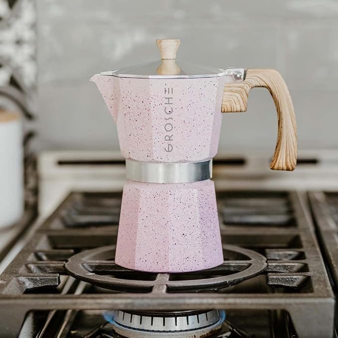 GROSCHE Milano Stovetop Espresso Maker Moka Pot 9 espresso Cup 15.2 oz Pink | Cuban Coffee Maker And Italian Moka Pot For Stovetop Espresso; For Gas, Electric, And Propane Stoves With A Soft-Touch Handle