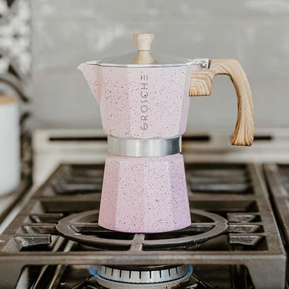 GROSCHE Milano Stovetop Espresso Maker Moka Pot 9 espresso Cup 15.2 oz Pink | Cuban Coffee Maker And Italian Moka Pot For Stovetop Espresso; For Gas, Electric, And Propane Stoves With A Soft-Touch Handle