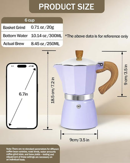 Coffee Maker Stovetop Espresso Maker 6 Cup Aluminum Moka Pot Percolator 10oz 300ml Easy Brewing for Electric Ceramic Stoves Home Camping Italian Cuban Café Classic Purple