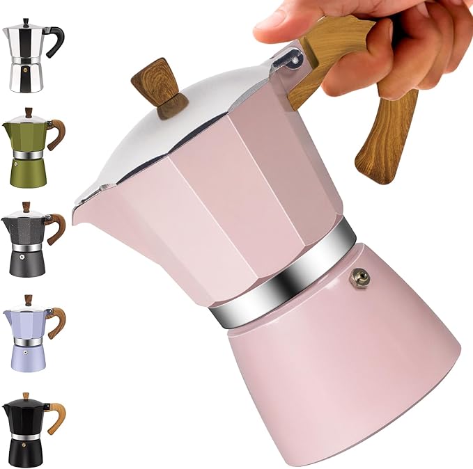 3 Cup Aluminum Moka Pot Classic Stovetop Espresso Coffee Maker 150ml 5oz Coffeemaker Percolator Mocha Pot Greca Coffee Maker Cafe Makers for Italian and Cuban Café Brewing Pink