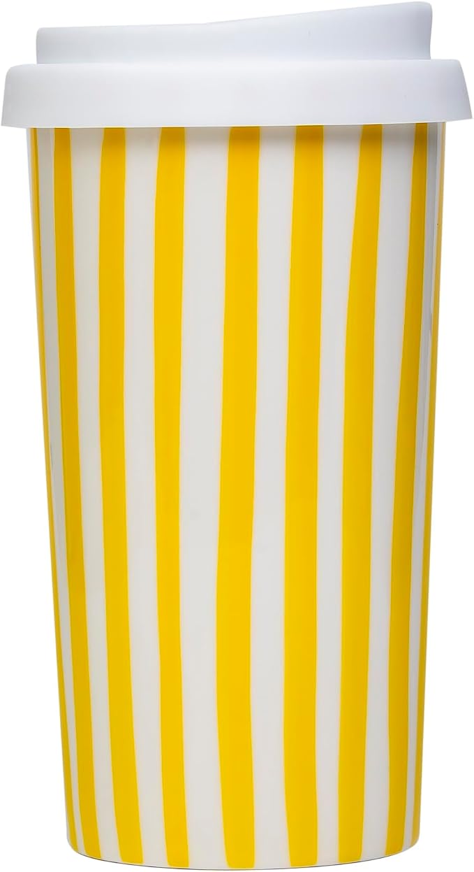 Ceramic Travel Mug with Lid (12 oz) – Cute Coffee Cup for Women & Men, Bright Aesthetic Travel Mug, Microwave & Dishwasher Safe, Fits Car Cup Holder (Yellow)