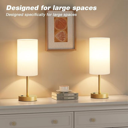Fenmzee Gold Nightstand Bedroom Lamp - 3 Way Dimmable Bedside Lamp USB C A Charging Ports and AC Outlet, Small Table Lamp Linen Lampshade for Office Desk