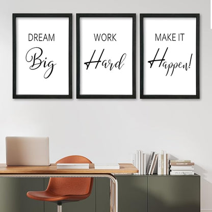 Motivational Wall Art for Office Decor 16x24–Wood Frame Set of 3, Dream Big | Work Hard Make It Happen Sign，Home Office，Black Frame