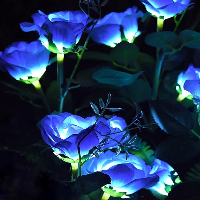 Outdoor Realistic Solar Powered Rose Flower Lights Stake,2 Pack 10 Rose Solar Garden Decorative Waterproof Lights for Backyard Patio Pathway Xmas Decoration-Blue