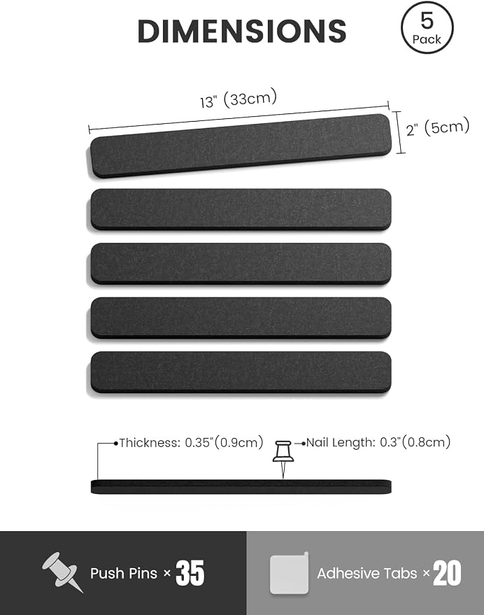 Fluxynara 13" x 2" Felt Wall Panels, Black | 5-Pack Cork Board Alternative with 35 Push Pins, Adhesive Mounting for Bedroom Door or Home Office