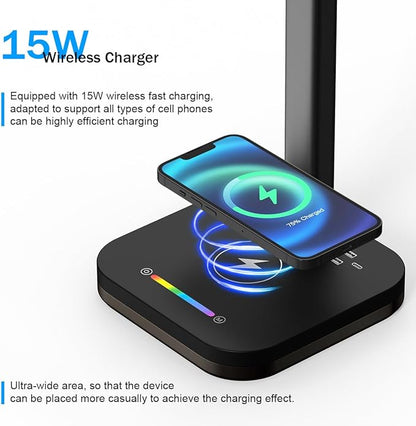 Black Desk Lamp for Office Gaming,Double Head Light for Home＆Office，Adjustable Light Mode and Brightness，Adjustable Height＆Angle in Metal Polwith Wireless Charger＆2 USB and 1 Type-c Ports