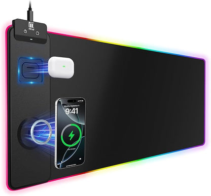 Mouse Pad with Magnetic Wireless Charging, Large Desk Pad Protector, RGB Black Mousepad Desk Mat with 15W Fast Charger, 4mm Thick Non-Slip, Waterproof Laptop Writing Pad for Office, Home, Gaming