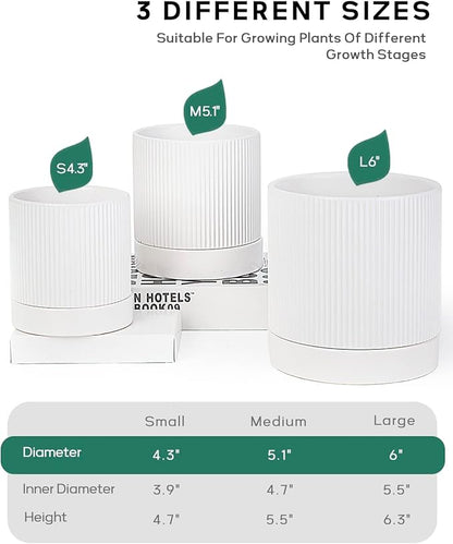 LaDoVita 3 Pack Ceramic Plant Pots 6/5/4 inch, Flowerpot for Indoor Plants with Drainage Holes and Tray, Outdoor Garden Planters, Modern Decorative for Home, White Vertical Stripes