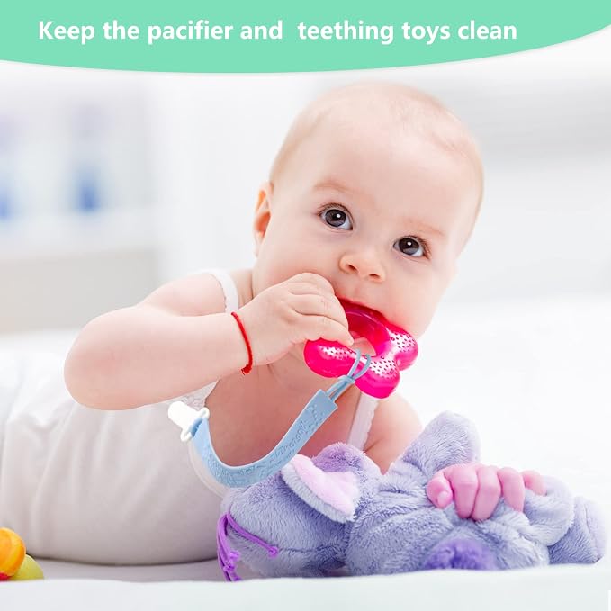 4-Pack Silicone Pacifier Clips with One-Piece Beads for Baby Boys and Girls - Flexible and Rust-Free Holders for Teething Relief and Baby Essentials, Safe for Newborns (Flat, Grey)