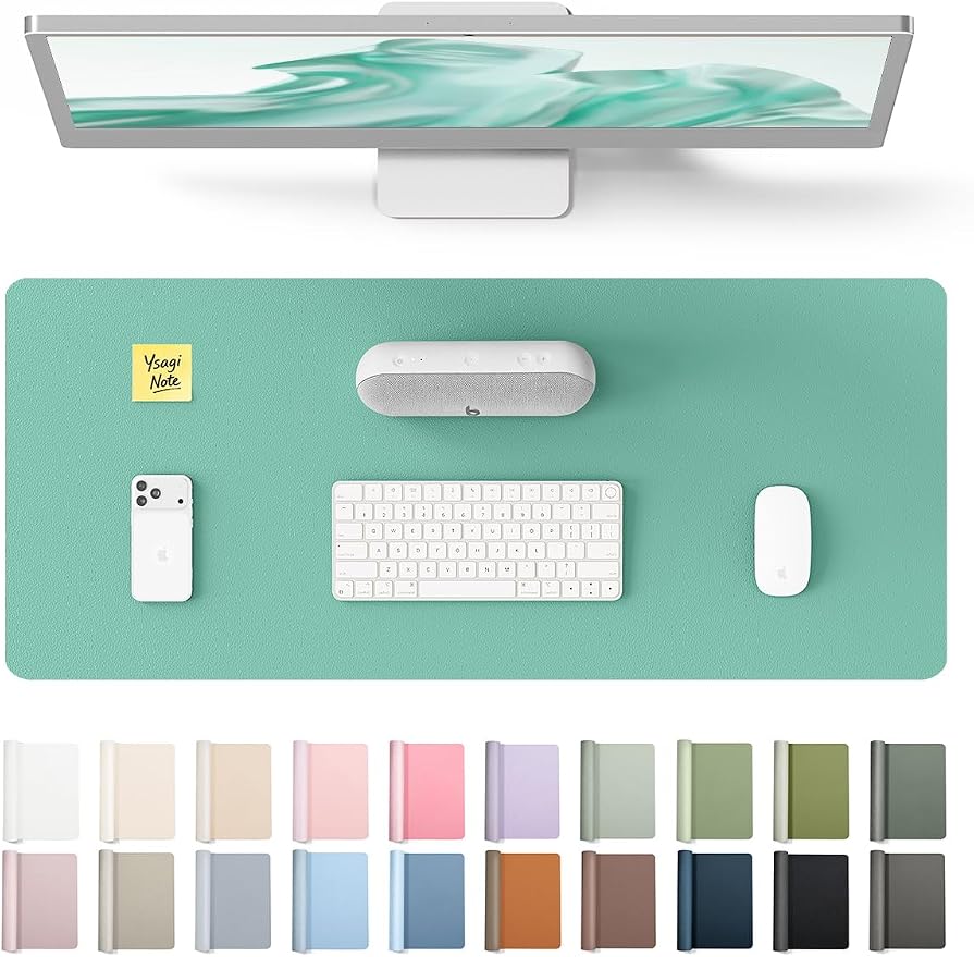 YSAGi Leather Desk Protector, Office Mat, Large Mouse Mat, Non-Slip PU Leather Blotter, Laptop Desk Pad, Waterproof Writing Pad for Office and Home (Green-Blue, 23.6" x 13.8")
