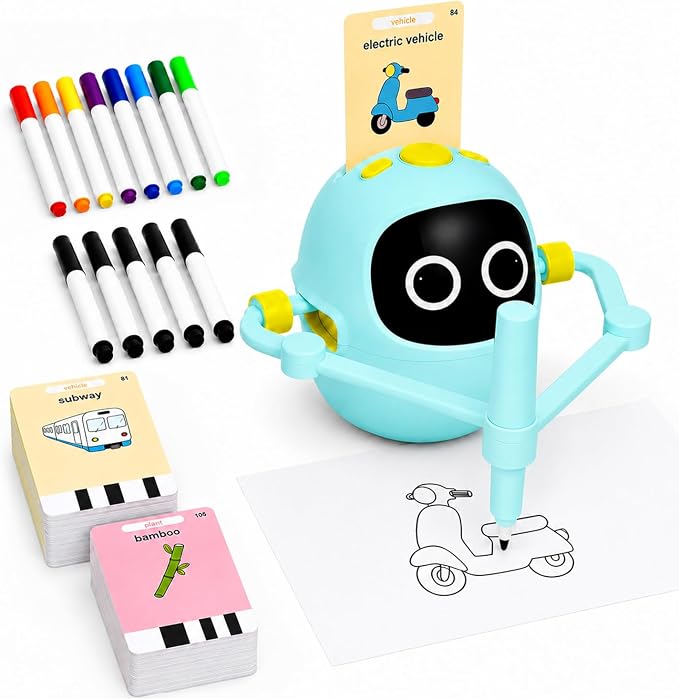 Kikapabi Drawing Robot Toys for Kids, 220 Flash Cards Gift for 3-8 Years Old Boys Girls, Montessori Doodle Art Painting with Voice Interactive for Beginners, Birthday (Blue)