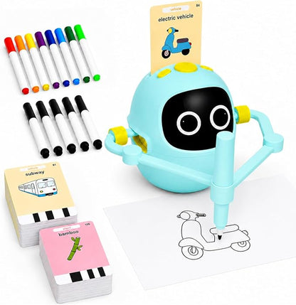 Kikapabi Drawing Robot Toys for Kids, 220 Flash Cards Gift for 3-8 Years Old Boys Girls, Montessori Doodle Art Painting with Voice Interactive for Beginners, Birthday (Blue)