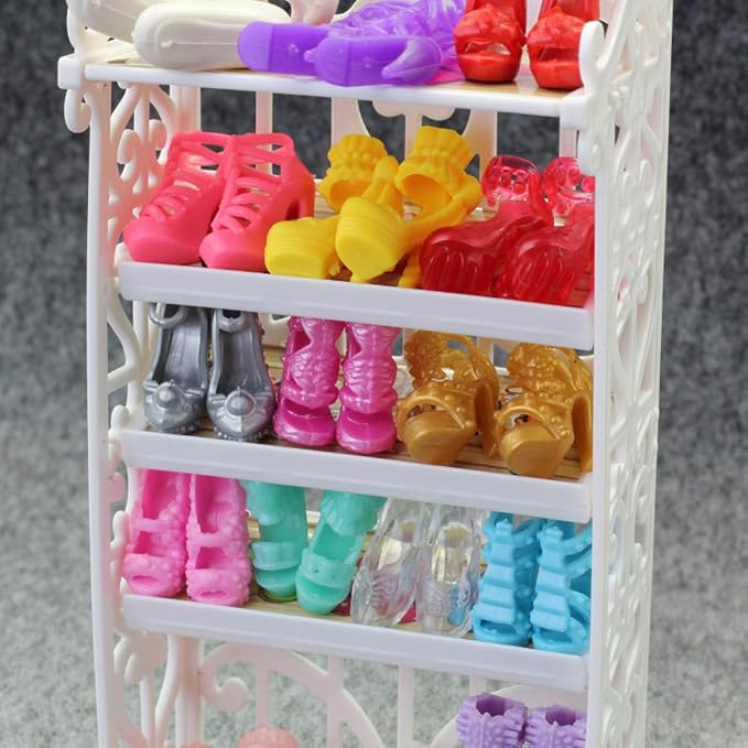 1 Doll Shoes Rack + 20 Pairs Doll Shoes Different Assorted Colors High Heel Shoes Doll Boots Flat Shoes Set Replacement for 11.5 inch Doll (Doll Rack & Shoes)