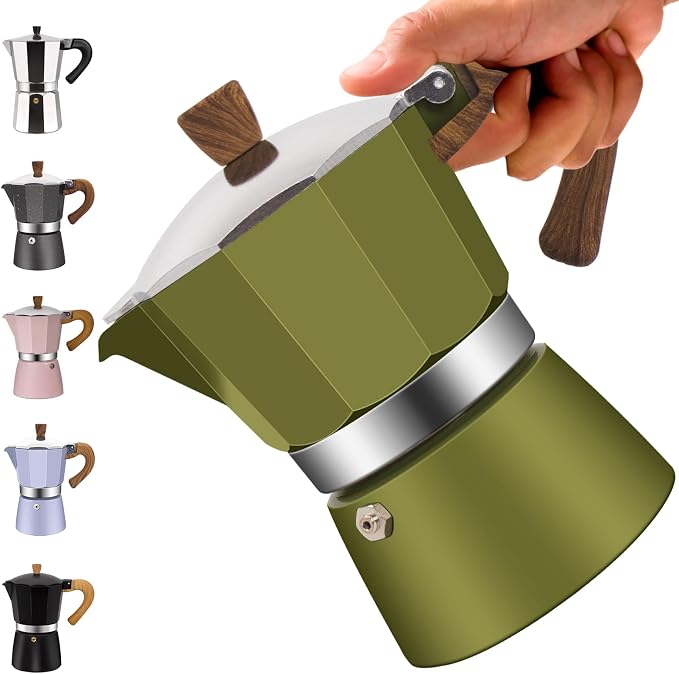 3 Cup Aluminum Moka Pot Classic Stovetop Espresso Coffee Maker 150ml 5oz Coffeemaker Percolator Mocha Pot Greca Coffee Maker Cafe Makers for Italian and Cuban Café Brewing Green