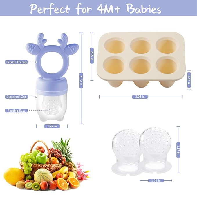 Baby Fruit Food Feeder Teether with Popsicle Molds, Cute Teething Toys Silicone Teethers for Babies 3-12 Months for Baby Feeding Gift