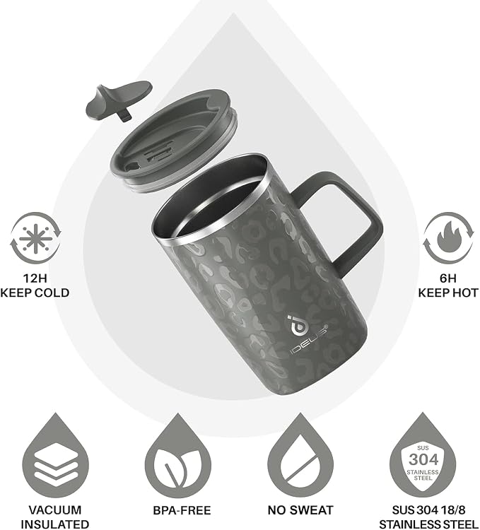 Ideus 16 oz Insulated Stainless Steel Coffee Mug with Lid, Leopard Gray | Perfect for home, office, or daily use| Easy to clean wide mouth| Sweat-proof| On the go