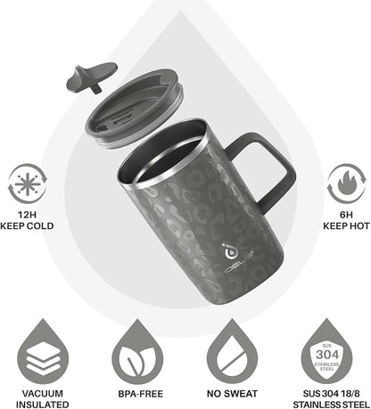 Ideus 16 oz Insulated Stainless Steel Coffee Mug with Lid, Leopard Gray | Perfect for home, office, or daily use| Easy to clean wide mouth| Sweat-proof| On the go