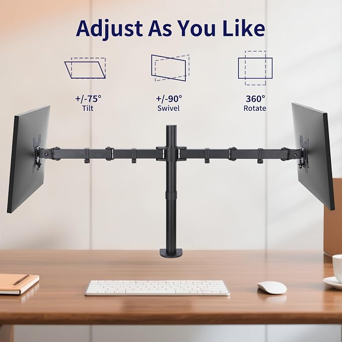 Black Dual Monitor Arm Mount for 13-27 Inch Screens | Ultrawide Screens Up to 34 inch Fully Adjustable Stand with C-Clamp/Grommet Base Max VESA 100x100 Each Screen Capacity 22lbs