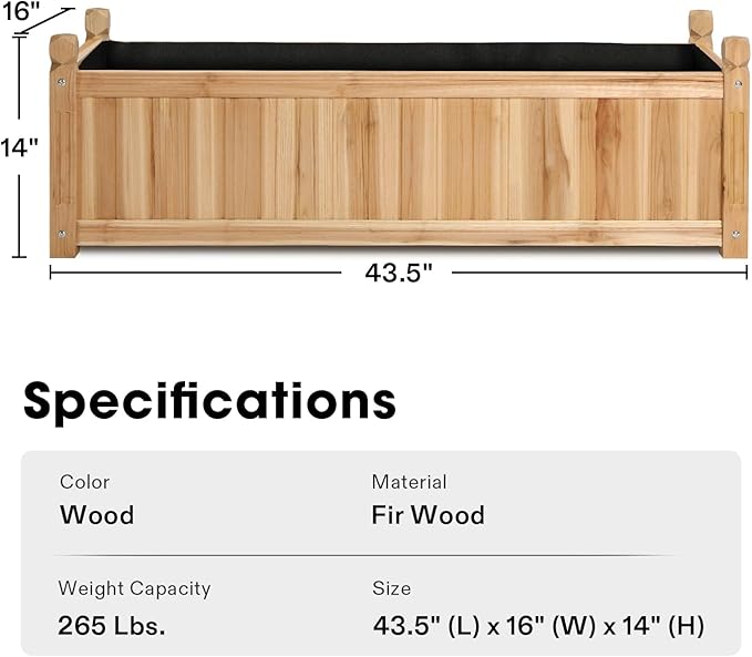 VIVOSUN 3.6 x 1.3Ft Wooden Raised Garden Bed, 43.5 x 16 x 14 Inches, Outdoor Wood Planter Box with Screwdriver and a Liner for Garden, Patio, Balcony, Backyard and Outdoors