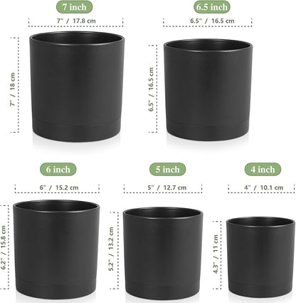 7/6.5/6/5/4 inch Plant Pots for Small Indoor Outdoor Plants, 5 Pack Cylinder Flower Pots with Drainage Holes and Saucers, Plastic Planters for Garden Succulent House Plants, Black