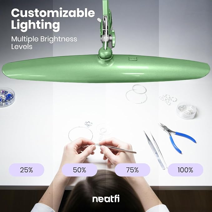 Neatfi XL 2200 Lumens 24W LED Desk Lamp – Shadow-Free Task Lighting | 4-Level Dimming | Home Office & Crafts Use | 20-Inch Wide Head (Midnight Green, Non-CCT with Clamp)
