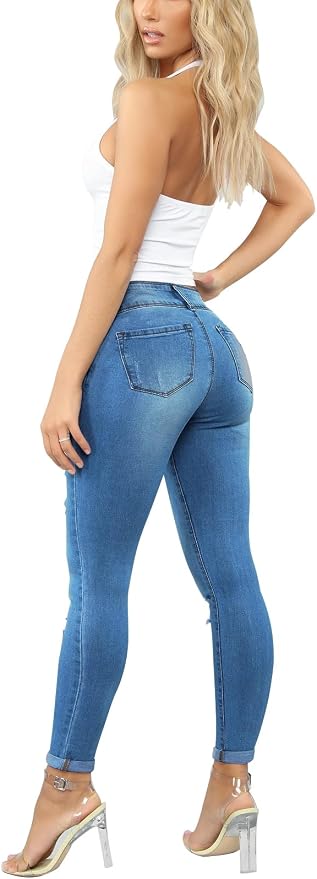KUNMI Women's Skinny Ripped Trendy Jeans Distressed Stretchy Denim Pants