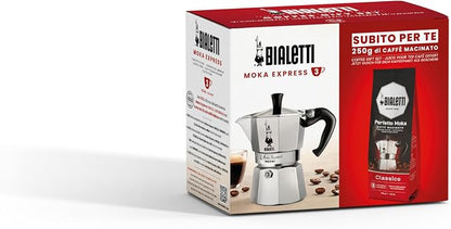 Bialetti 3 Cup Moka Pot and Ground Coffee Bundle 8.8 oz Bag - Italian Medium Roast Rich Barista Style Grounds with a Small Stovetop Espresso Maker Home Brewing Café Kitchen Appliance for Daily Use