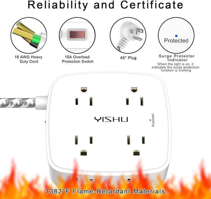 Surge Protector Power Strip - YISHU 8 Outlets with 4 USB (2 USB C) Charging Ports, 5Ft Braided Extension Cord, Flat Plug Multi Plug Outlet Extender Charging Station for Home Office, ETL, White