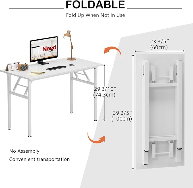 Need Office Computer Desk 39.3 Inch Sturdy Folding Laptop Table White | White Frame Writing Gaming Work Table/Foldable Home Office Desk/Sewing Table, No Assembly Required