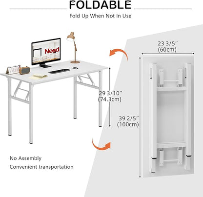 Need Office Computer Desk 39.3 Inch Sturdy Folding Laptop Table White | White Frame Writing Gaming Work Table/Foldable Home Office Desk/Sewing Table, No Assembly Required
