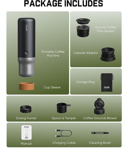 Fanttik Cafein 11 Portable Coffee Machine, 20 Bar Coffee Maker with USB-C | Portable&Compact, 135s Rapid Heating, Golden-Cup Extraction, IP65, 4500mAh*3, Travel, Fishing, Hiking, Party, Gym,Office