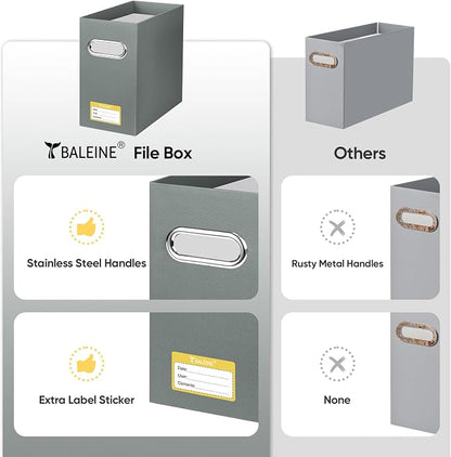 BALEINE File Organizer Box, Cardboard File Folder Organizer with Handle for Letter Size, Portable Collapsible Hanging Filing Box for Home Office Document Storage (2 Pack, Grey)