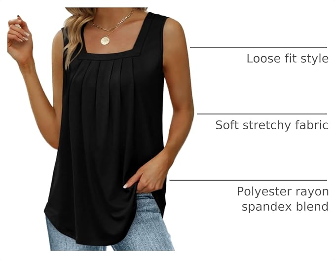 Saloogoe Summer Tank Tops for Women Loose Fit Pleated Square Neck Sleeveless Tops Curved Hem Flowy