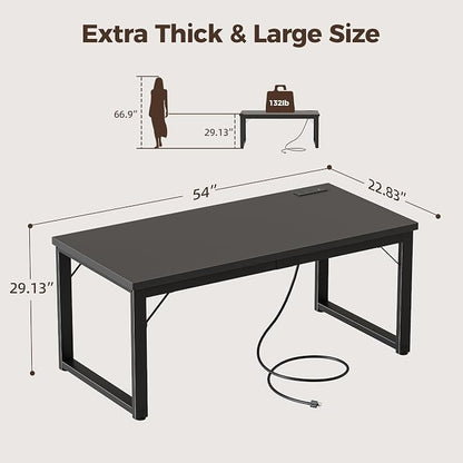 Mericonia 54 Inch Computer Desk with Power Outlets, 1.2" Thick Office Table | Modern Simple Style, Heavy Duty Industrial Frame, Study & Writing Table for Home Bedroom Work, Black