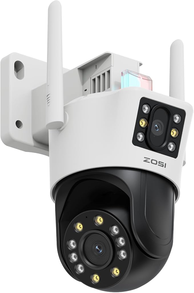 ZOSI C298 4MP Dual-Lens(2MP+2MP) Wired WiFi PT Plug-in Security Camera Outdoor, 360 View Pan/Tilt Camera, Human/Vehicle Detect, Color Night Vision, Spotlight Siren,Two-Way Talk, Memory Card Storage