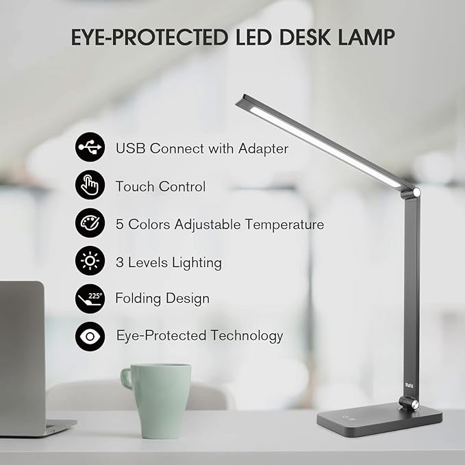 mafiti LED Desk Lamp for Home Office,Touch Desk Light 5 Light Modes 3 Brightness,Foldable Table Lamp with Adjustable Arm,Eye-Caring Lamp with USB Port, Bedside Lamp for working Reading Study,Black