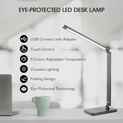 mafiti LED Desk Lamp for Home Office,Touch Desk Light 5 Light Modes 3 Brightness,Foldable Table Lamp with Adjustable Arm,Eye-Caring Lamp with USB Port, Bedside Lamp for working Reading Study,Black