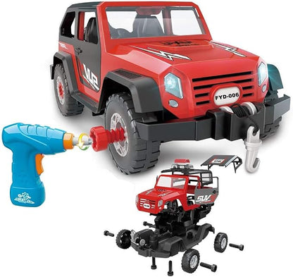 FYD 2in1 Take Apart Jeep Car STEM Learning Assembly Playset with Functional Battery-Powered Drill - Early Childhood Developmental Skills Construction Toy for Boys Kids Aged 3 and up
