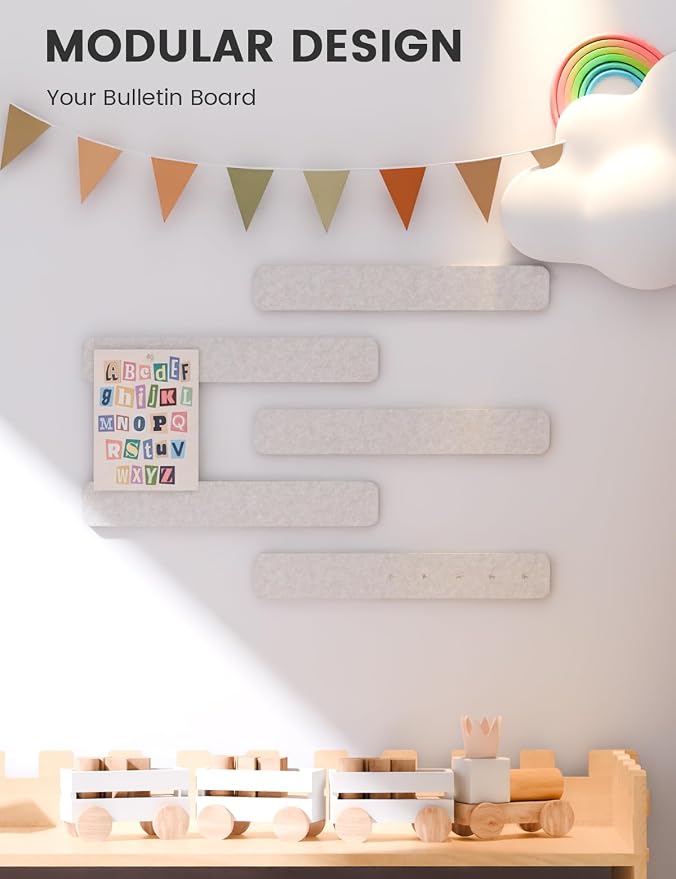 Fluxynara 13" x 2" Felt Wall Panels, Oatmeal | 5-Pack Cork Board Alternative with 35 Push Pins, Adhesive Mounting for Bedroom Door or Home Office