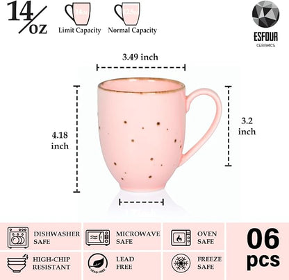 Esfour Ceramics Coffee Mugs Set Of 6, 14 Oz Large Handle Heavy Duty Cups - Microwave Dishwasher Safe - Latte, Cappuccino, Tea, Cocoa, Mocha - Men, Women, Home Office Daily Use, Blossom Assorted Colors