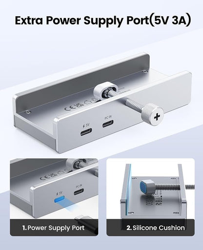 ORICO USB Hub 3.0, Clamp USB Hub with Extra Power Port, 3 USB-A Data Ports, USB-C Port for Monitors, Desks(Silver)