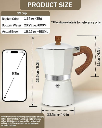 Coffee Maker Stovetop Espresso Maker 12 Cup Aluminum Moka Pot Percolator 20oz 600ml Easy Brewing for Electric Ceramic Stoves Home Camping Italian Cuban Café Classic White