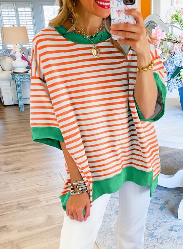 SHEWIN Womens Tops Casual Short Sleeve Sweatshirt Crewneck Striped Shirt Pullover T Shirts Loose Blouses