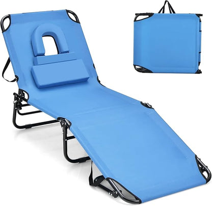 GYMAX Tanning Chair, 350lbs Beach Lounge Chair with Face Hole, Washable Pillow & Carry Strap, Adjustable Folding Chaise Lounge, Layout Lounger for Outside, Patio, Poolside, Lawn (1, Blue)