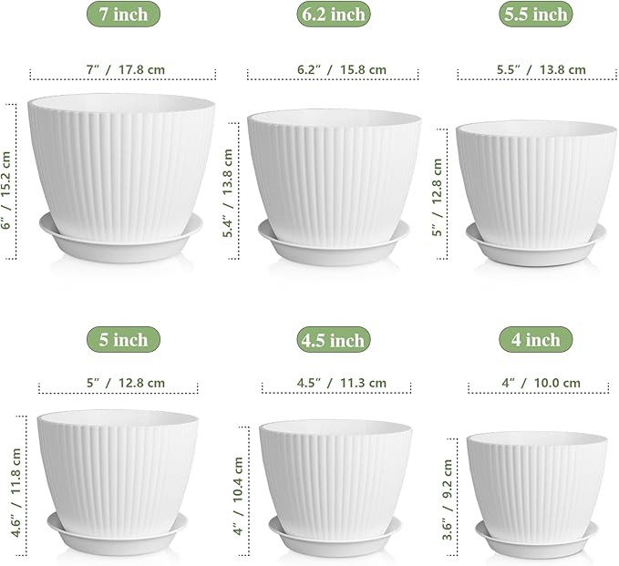 7/6.2/5.5/5/4.5/4 inch Plant Pots, 6 Pack Flower Pots for Small Indoor Outdoor Plants, Plastic Planters with Drainage Holes and Saucers for Garden Succulent House Plants, White