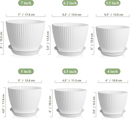 7/6.2/5.5/5/4.5/4 inch Plant Pots, 6 Pack Flower Pots for Small Indoor Outdoor Plants, Plastic Planters with Drainage Holes and Saucers for Garden Succulent House Plants, White