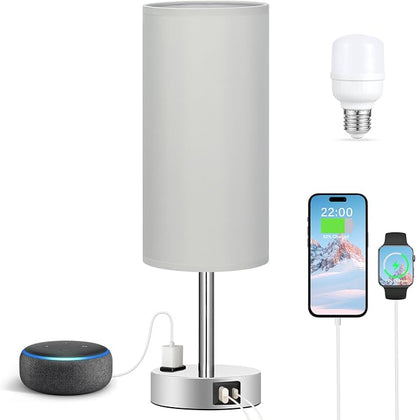 Fenmzee Light Grey Table Lamp for Nightstand - 3 Way Dimmable Touch Bedside Lamp USB C and A Charging Ports and AC Outlet, Small Desk Lamp with Silver Base for Office Nursery, LED Bulb Included