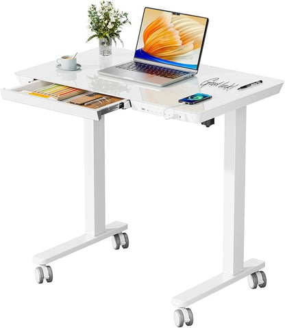32" Glass Standing Desk with Drawer, Small Electric Desk | Height Adjustable Quick Install One-Piece Tabletop with USB Charging Ports, Sit Stand Computer Desk for Compact Space, White